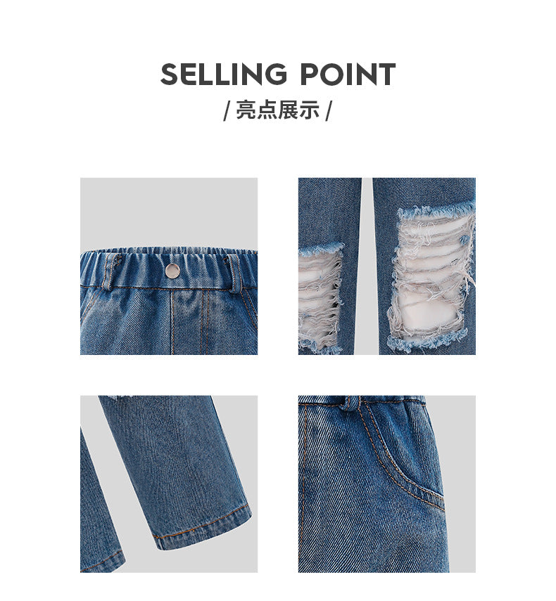 New arrivalkidsjeans cross-border children's clothing blue ripped pants distressed retrogirlpants medium and large children's straight-leg pants