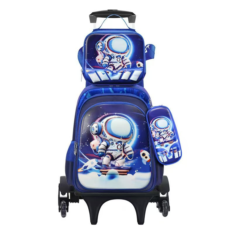 New 3d leather elementary school nylon fabric three-piece set kids' trolley backpack foreign trade lunch bag factory in stock