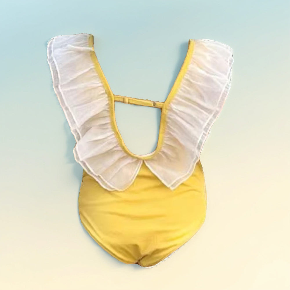 Korean style girls' swimsuit  mesh ruffle v-neck one-piece swimsuit kids beach swimwear princess style