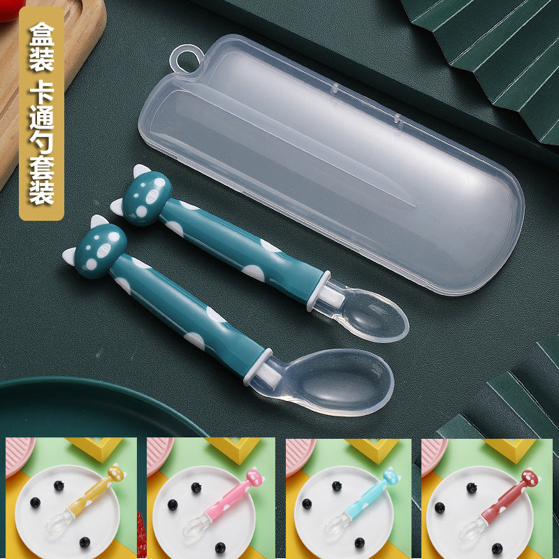 Baby cartoon spoon set, silicone soft head spoon, elbow spoon combination, baby silicone tableware pp box.