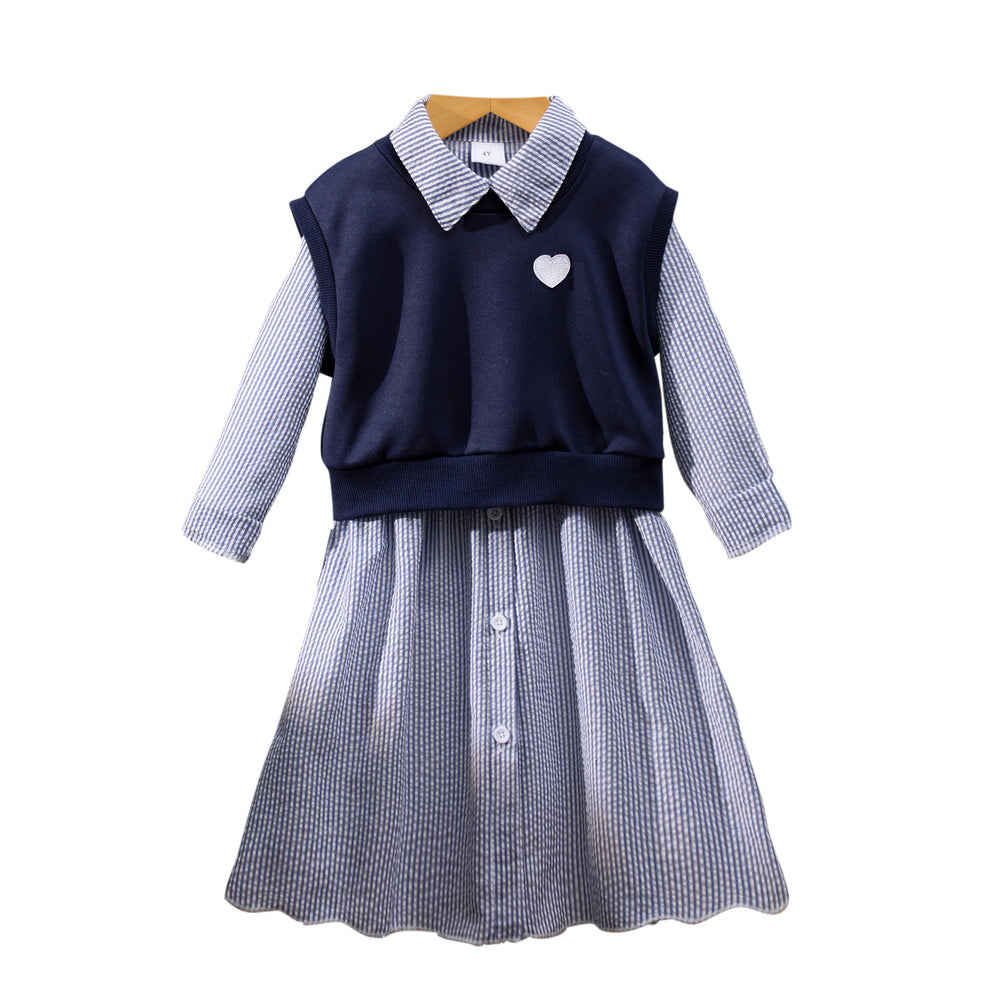 Girls' dress, preppy style two-piece dress set with vest