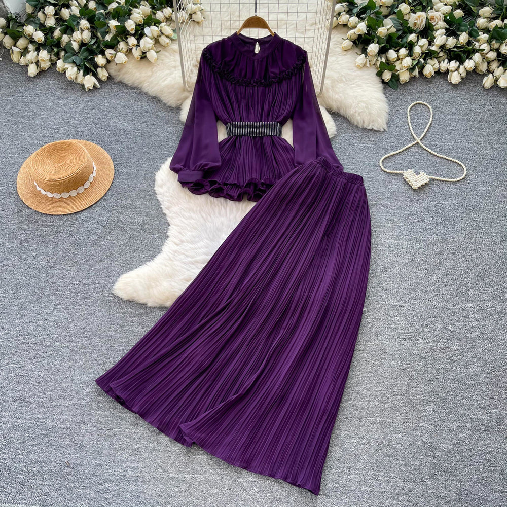 French work clothing style purple lantern sleeve waist pleated skirt for women autumelegantfashiontwo-piece set