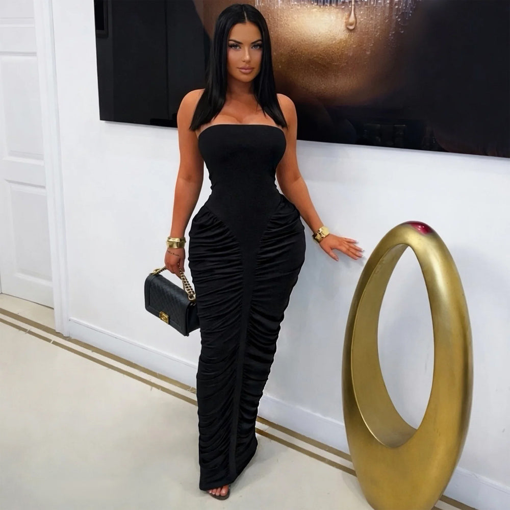 C7669 cross-border   fashion women's sexy bandeau solid color bodycon pleated dress