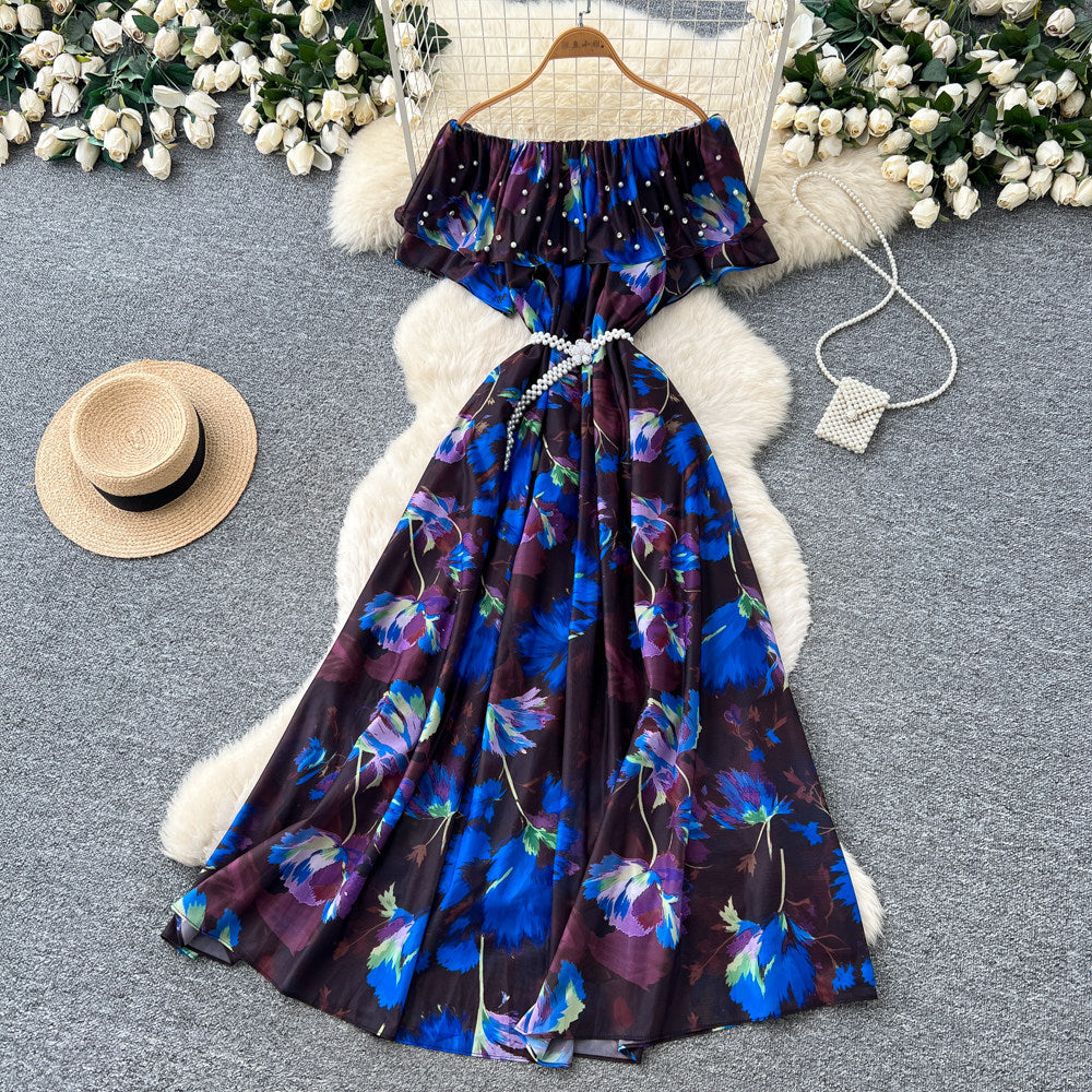 new women's summer sleeveless printed dress with pearl off-the-shoulder neckline, high-waisted a-line skirt, commute-friendly high street style