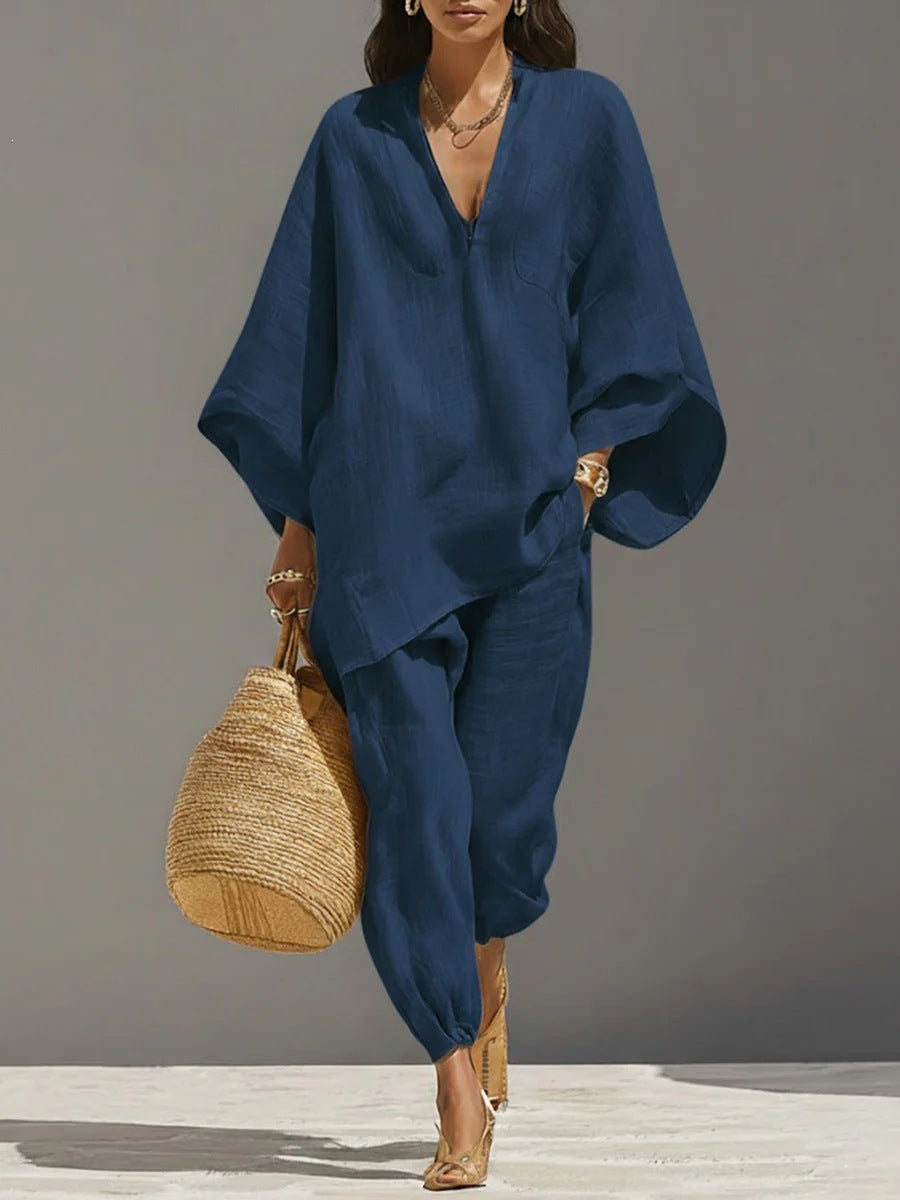 spring cross-border women's casual relaxed fit solid color shirt set