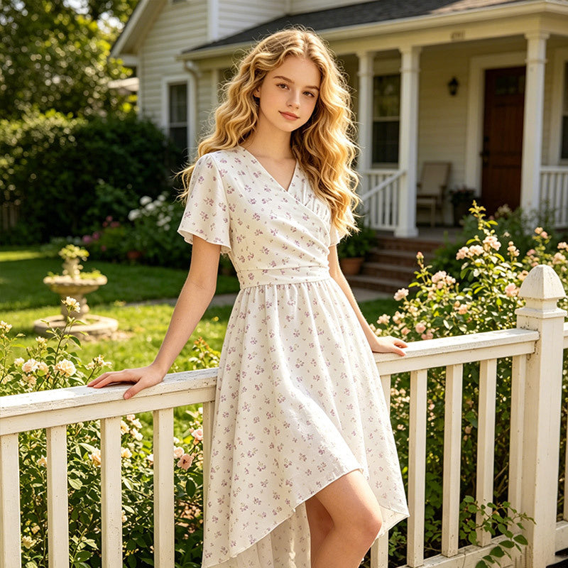 Teen girls' french floral dress - high-low hem, country chic print, v-neck, fashionable european & american style, vintage dress