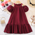 Girls' red summer dress - bubble sleeves, ruffle trim, bohemian style, off-shoulder party dress, korean style