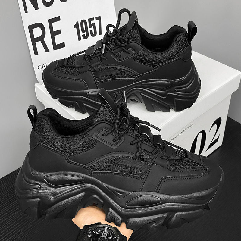 Men's spring mesh breathable trendy brand versatile athletic casual shoes men's thick sole hidden heel black dad sneakers