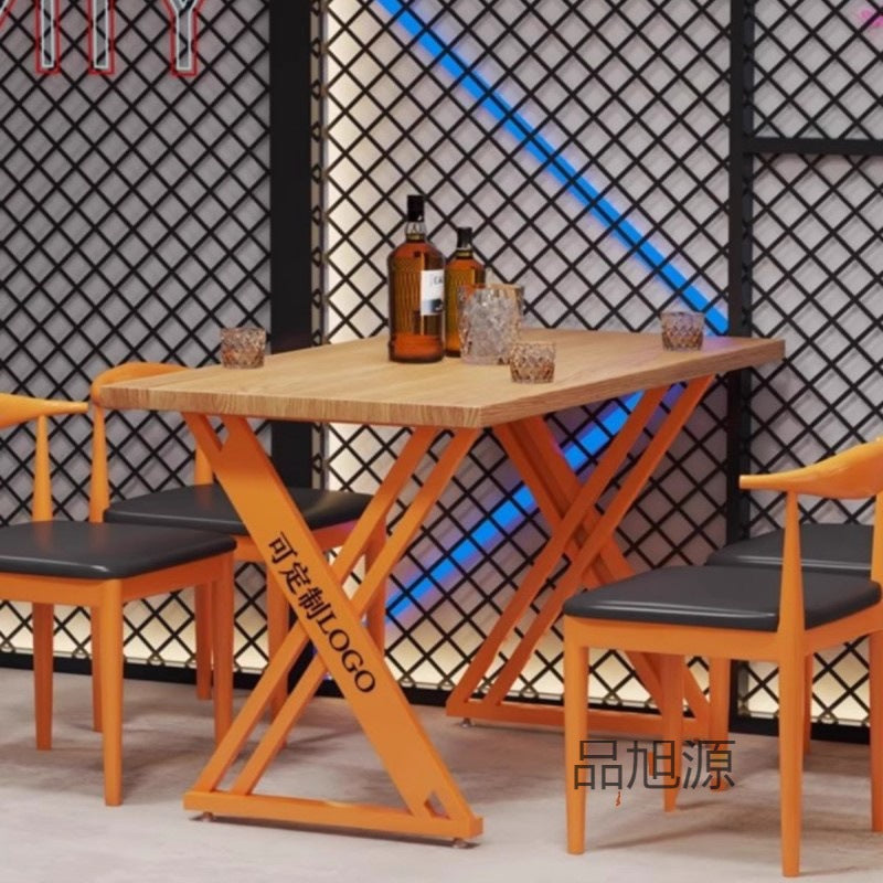 American cafe industrial style wrought iron table and chair combination leisure bar commercial barbecue hot pot shop solid wood dining table and chair