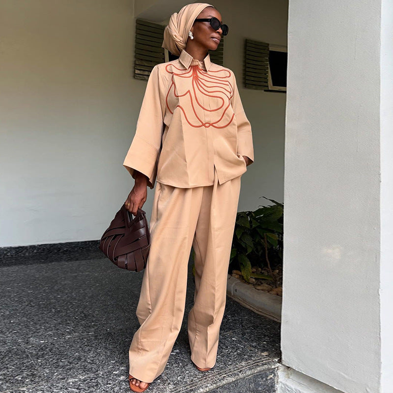 European and american cross-border african women's clothing  autumn new arrival: collared loose-fit printed shirt and high-waisted wide-leg pants set
