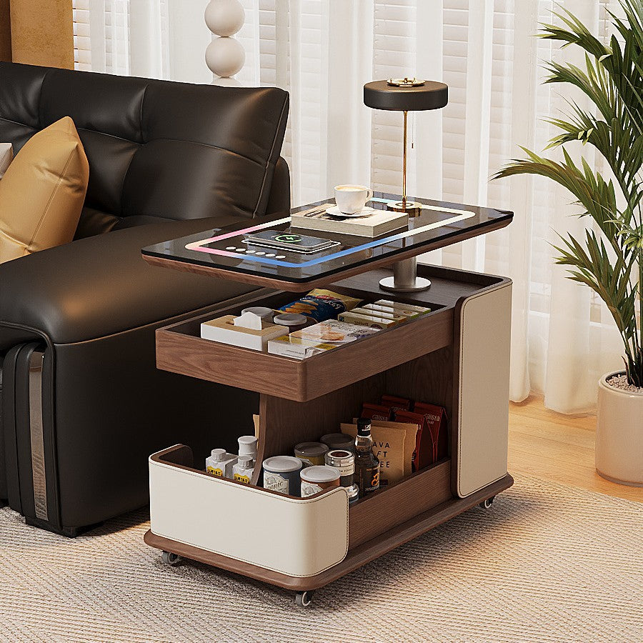 Solid wood smart movable side table trolley tea table for home living room small apartment sofa side cabinet adjustable coffee table slate
