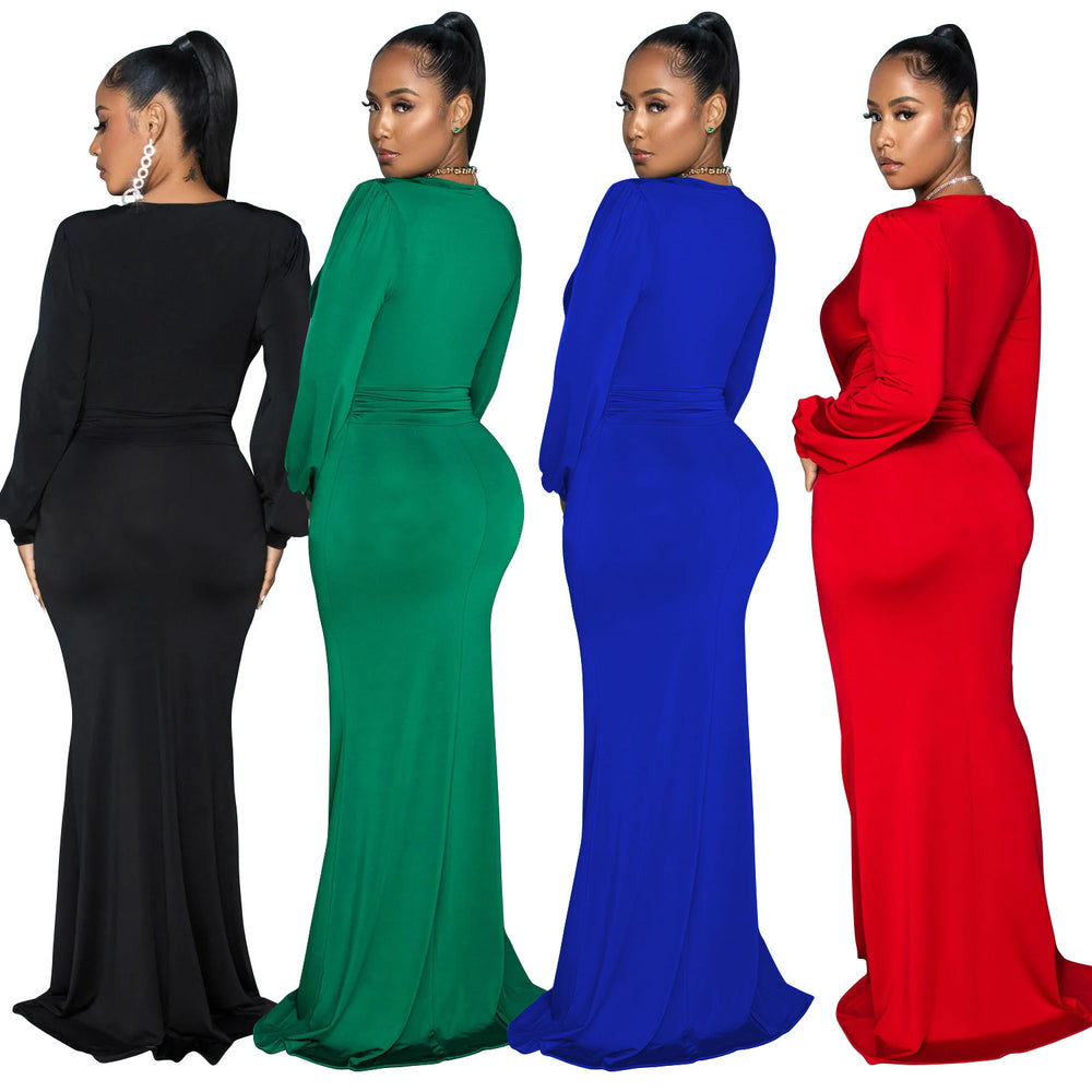 C6796 cross-border   fashion women's solid color sexy deep v ruched maxi dress