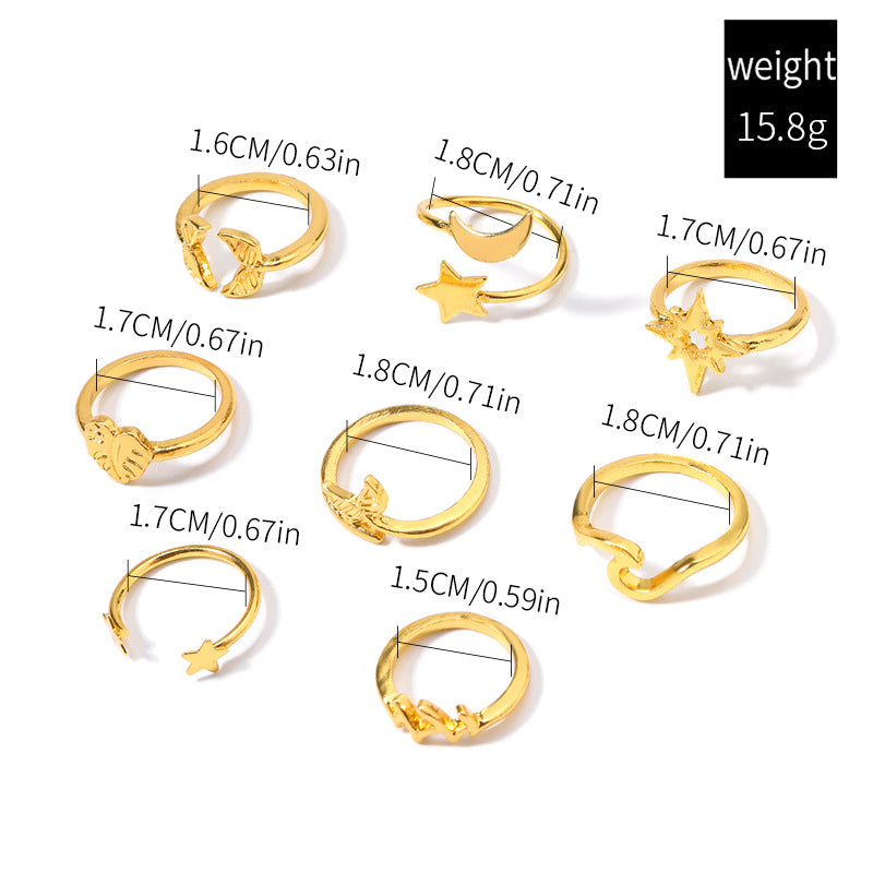 Wholesale niche women's rings, european and american cross-border jewelry, unique and exaggerated alloy star and heart stackable rings with a sense of design