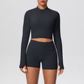 High-waisted, butt-lifting, form-fitting athletic shorts with a zip-up outer layer – a barely-there, casual running and fitness outfit set, perfect for yoga