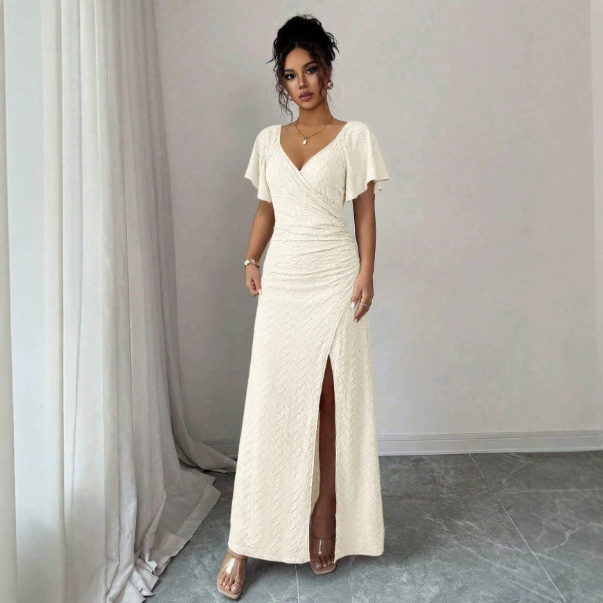 summer new arrival:  tume european and american v-neck drawstring tie sexy short-sleeve solid color dress