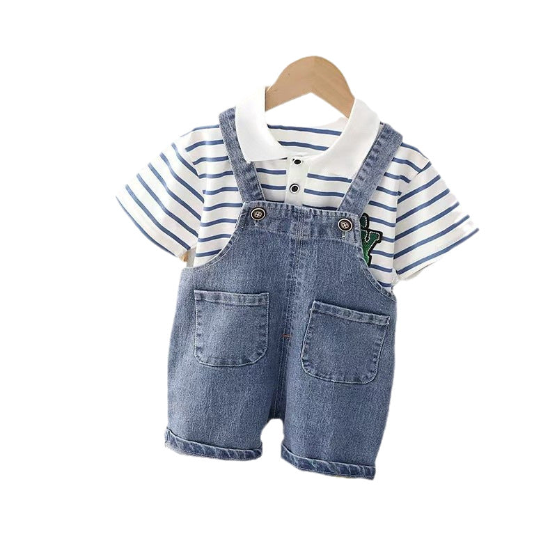 Children's denim shorts overalls polo shirtstripestwo-piece setsummerk-style 0-3 years old small and medium-sized children new arrivalin stock