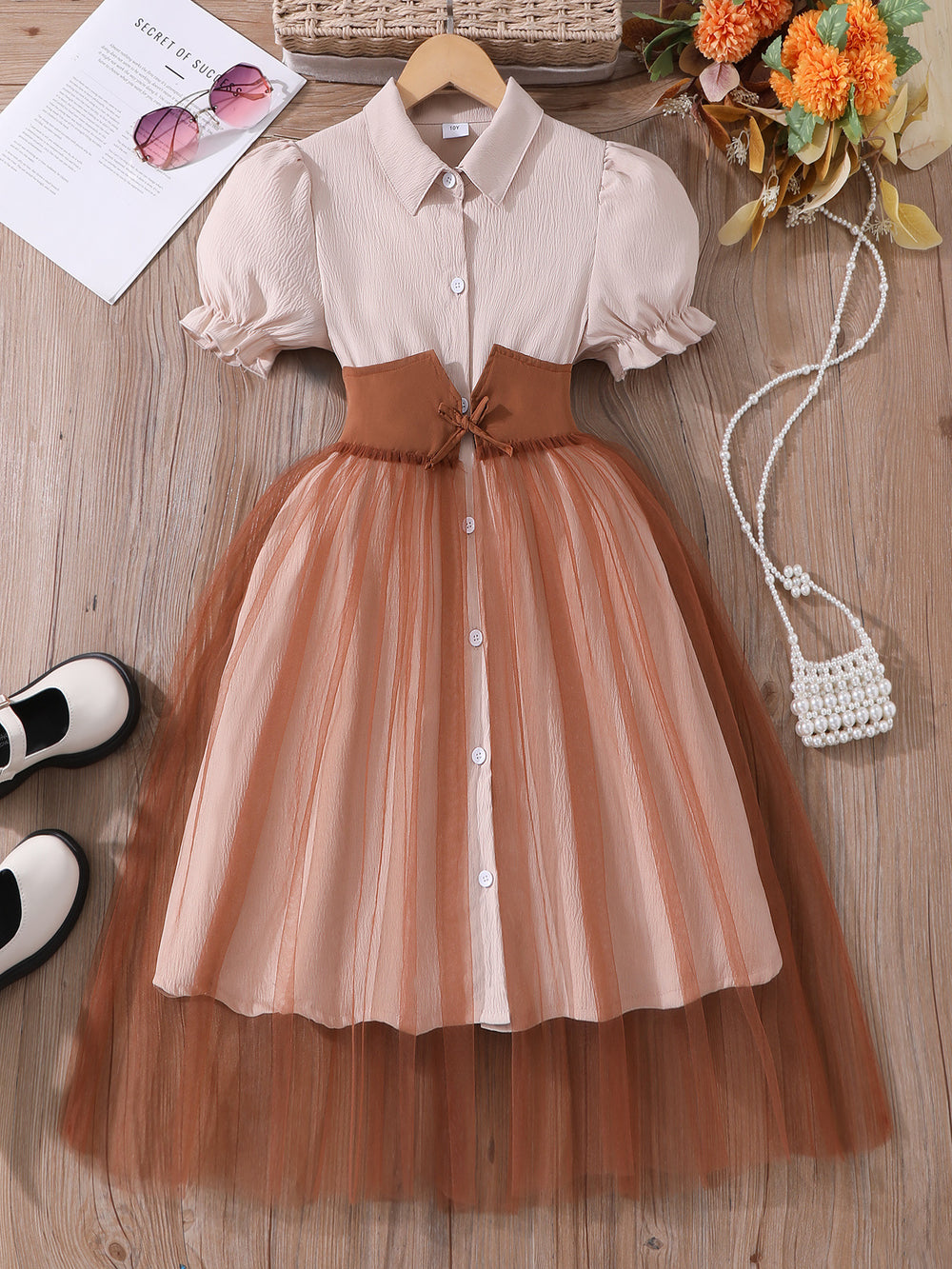 Girls' (tall) solid color short-sleeve polo collar dress with waist tie and mesh panel detail
