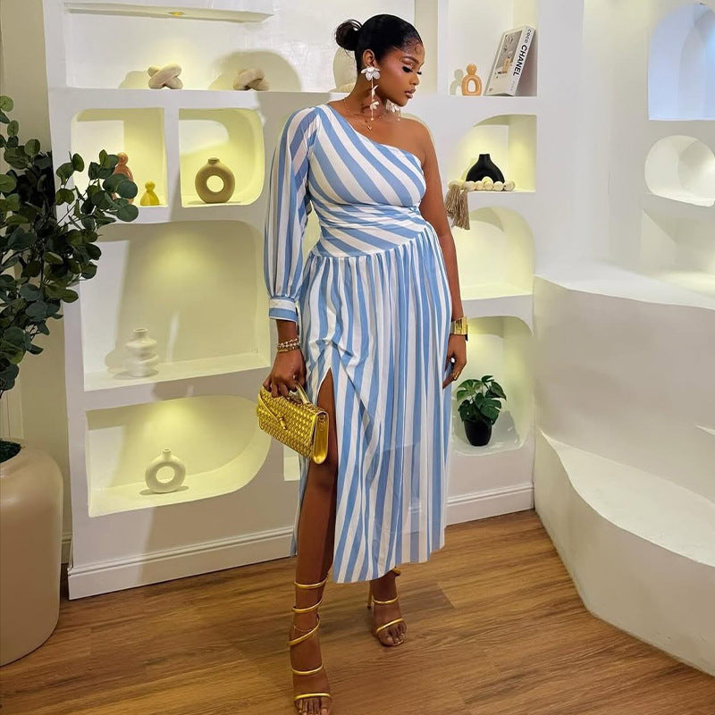 Fashion styleexportprinting women's slit stripes waist asymmetrical skirt one-shoulder slanted collar long sleevescasualdress