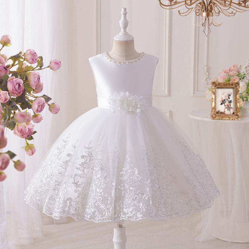 Girls' princess dress - sweet style, european & american chic, runway-inspired gown, flower girl wedding dress, round neck, children's mid-length, customizable