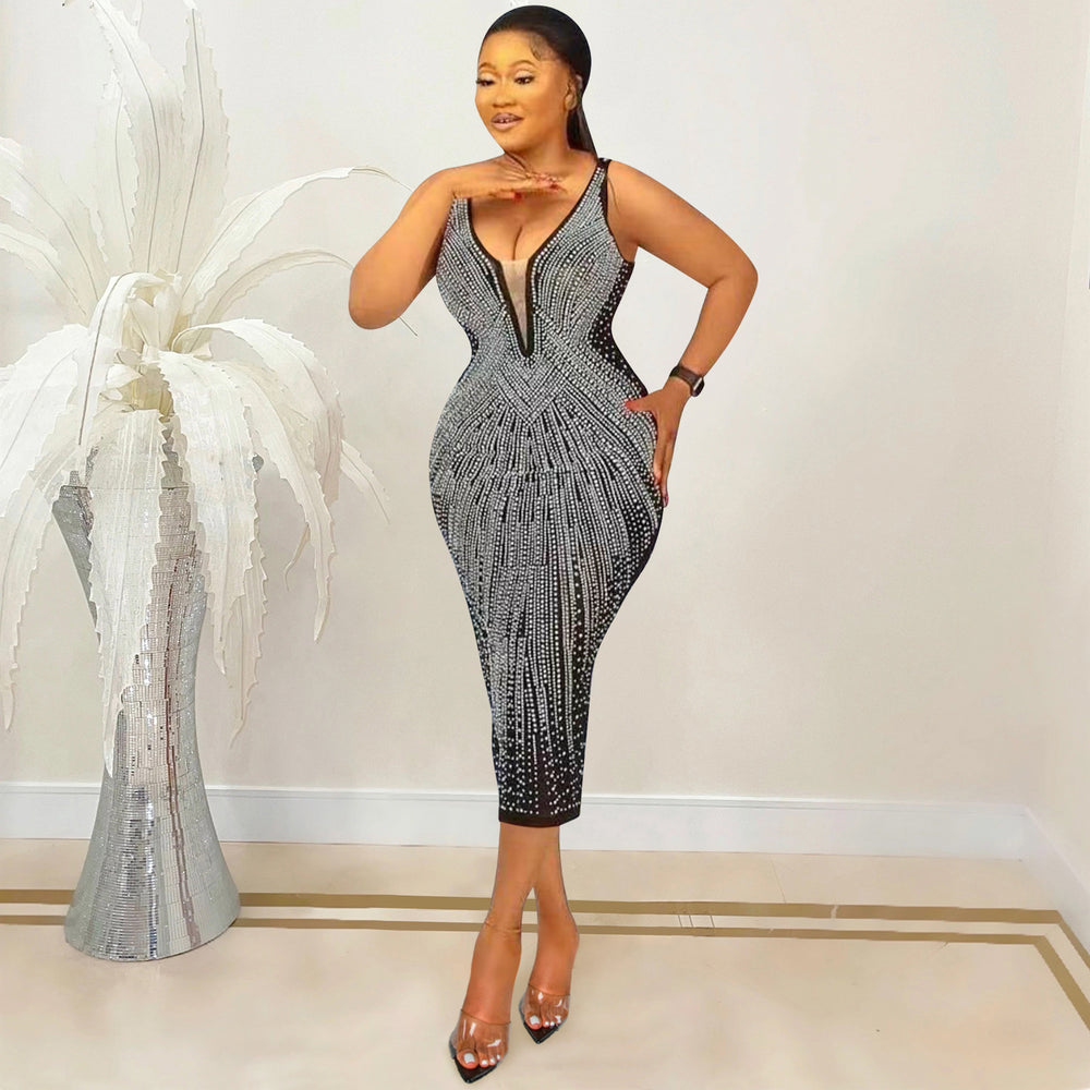 C5808 cross-border new arrival:  &  fashionable women's sexy bodycon v-neck rhinestone embellished camisole dress for us & european markets