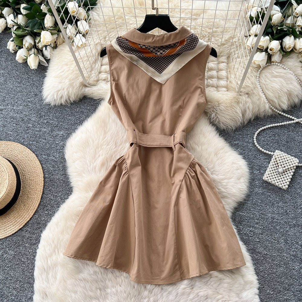 Frenchwork clothing sleeveless a-line light mature style dress women's summer khaki high waist waist slimming lookelegant short skirt