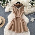 Frenchwork clothing sleeveless a-line light mature style dress women's summer khaki high waist waist slimming lookelegant short skirt