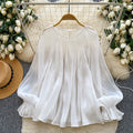French style palace style heavy industry hot diamond patchwork lantern sleeve streamer mesh shirt loose flesh-covering tops