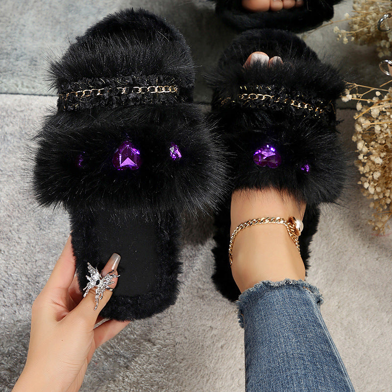 plus size double striped fur slippers for women indoor and outdoor wear 2024fall and winternew arrivalflatspopular one-line sandals