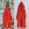Export cross-border stereo flower decoration large backless halterneck dress holiday style rufflesclassy sense elegance long skirt