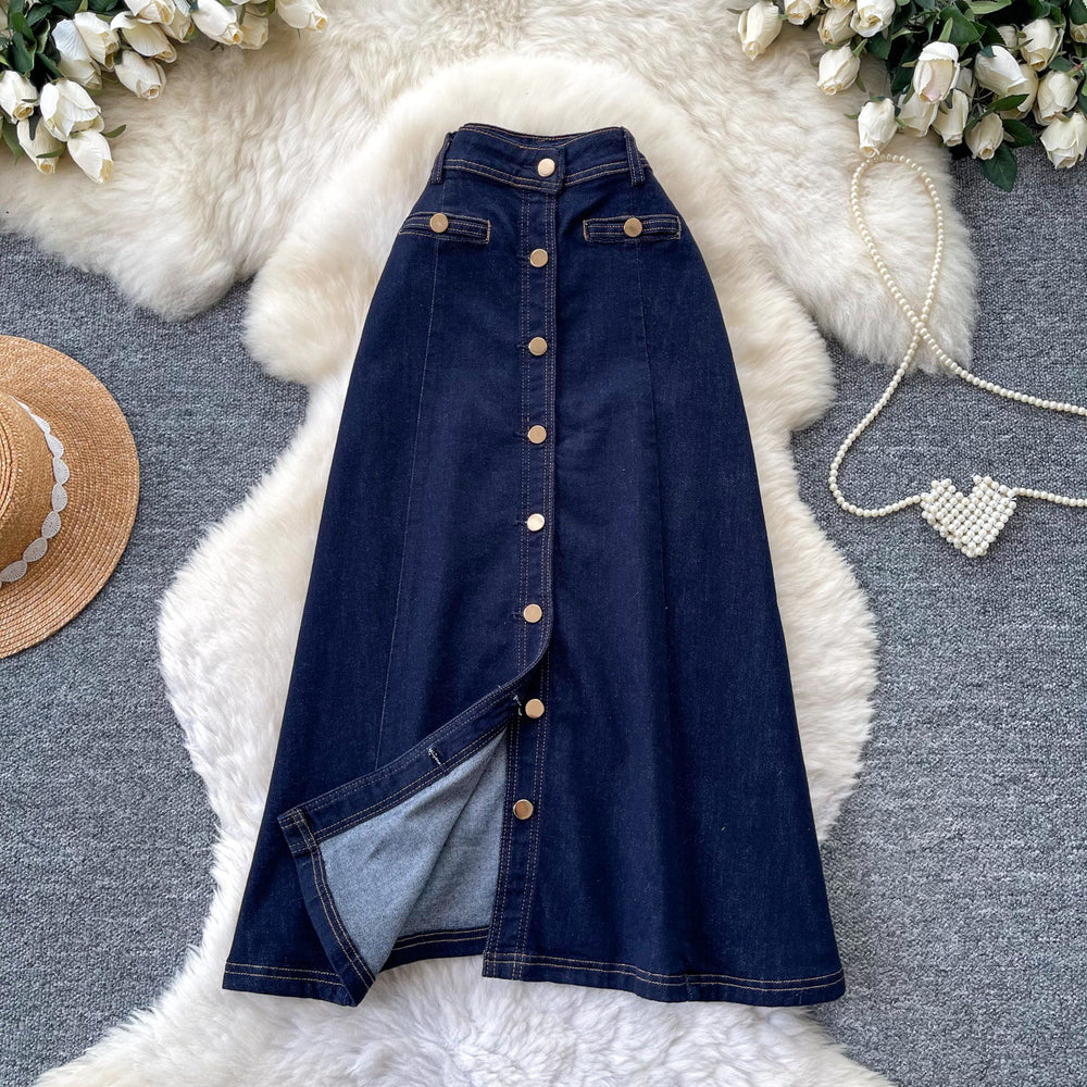 K-style multi-breasted denim slit skirt for women summerhigh waistslimming looka-line mid-length skirt work clothingclassy