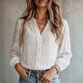 European and american style plus size hollow-out embroidered top - white floral embroidery v-neck single-breasted lantern sleeve lightweight blouse