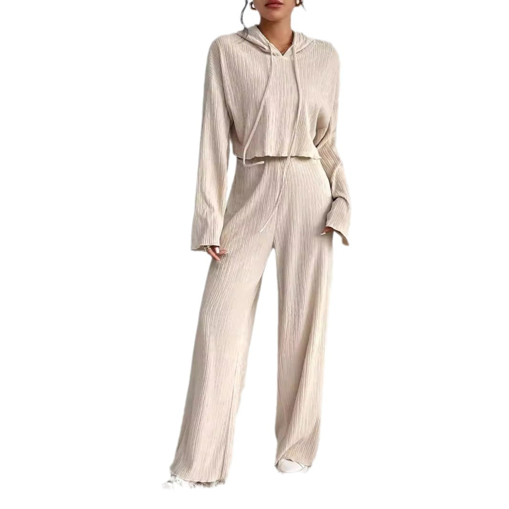 Spot wholesale independent station  new casual solid color knitted lace-up hoodie long sleeve trousers set two-piece set