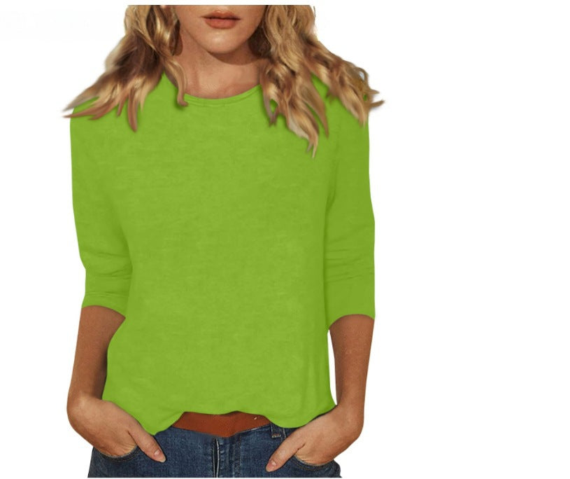 new women's crew neck t-shirt with 3/4 sleeves - solid color top for cross-border  sales