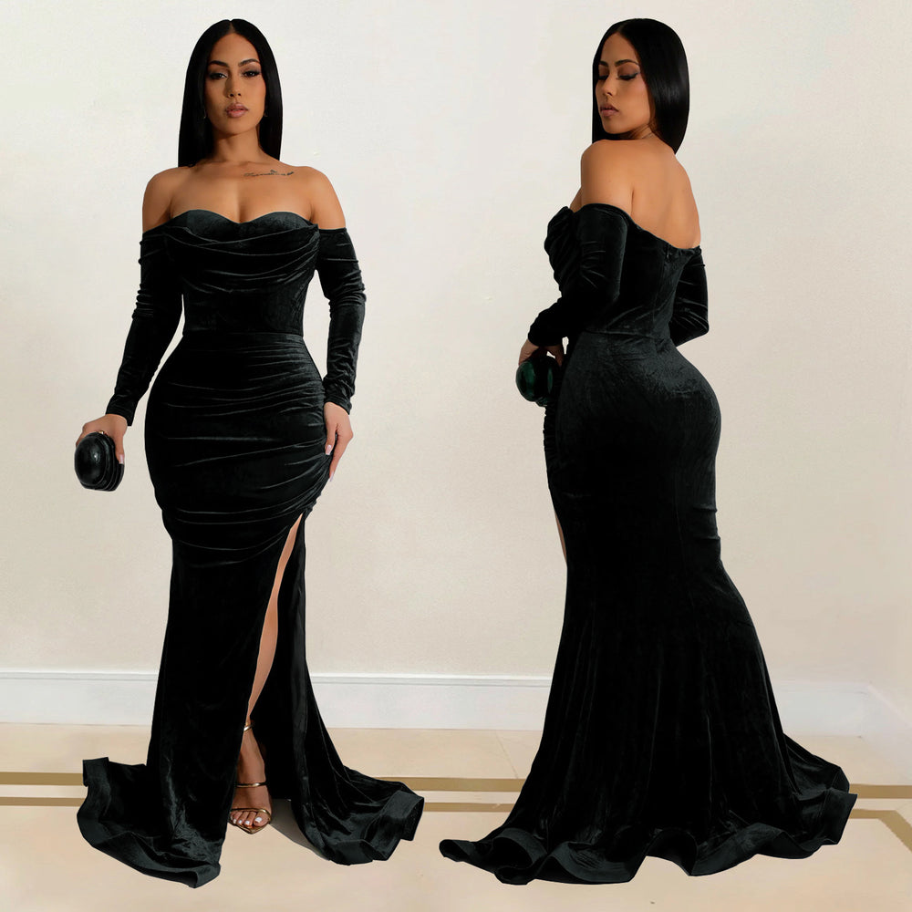 C7157 cross-border   fashion women's solid color slit evening dress low-cut dress new