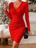 Amazon  new arrival sexy v-neck long sleeve dress - criss-cross neck solid color sequin bodycon mini dress