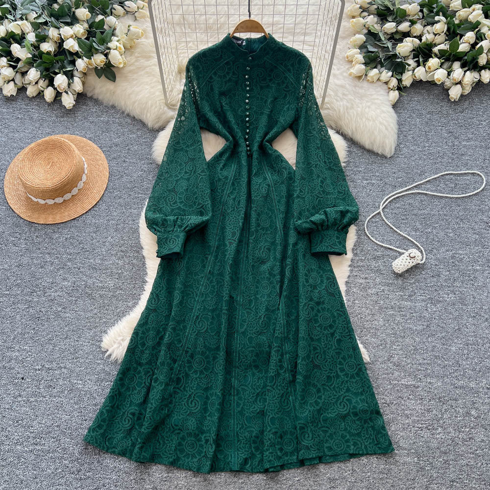 French court style dress - women's autumn 2025 - high-end, single-breasted, waist-cinching, slimming, elegant lace maxi dress