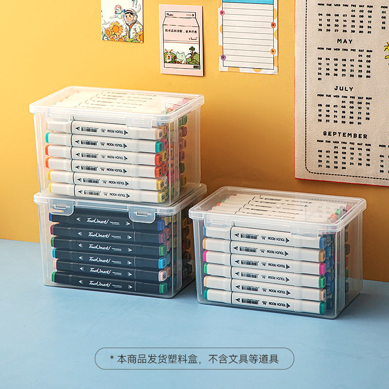 Desktop marker storage box with lid Transparent desk Stationery storage box Rectangle flip plastic pencil case