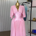 European and american cross-border women's fashion:  summer new arrival - elegant v-neck, waist-defining, patchwork a-line short-sleeve pink maxi dress