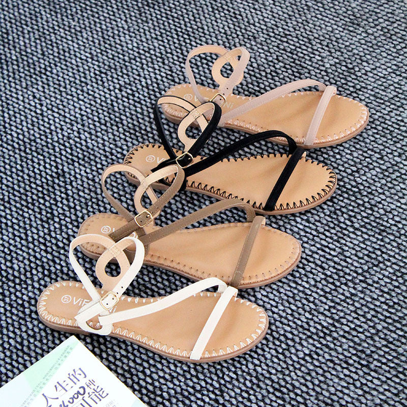 潮州外贸女士凉鞋夏季一字扣带平底车缝线工艺鞋防滑凉鞋sandals