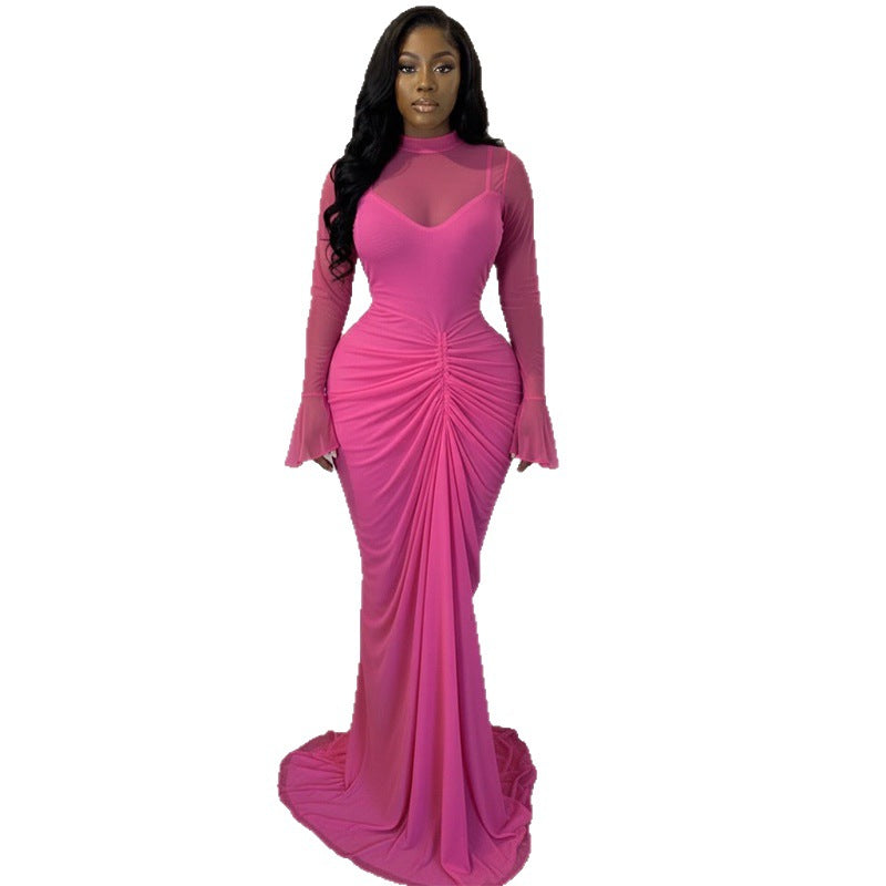 European and american cross-border women's fashion:  autumn new arrivals - sexy, elegant, solid color, ruched, slim-fit, long maxi dress