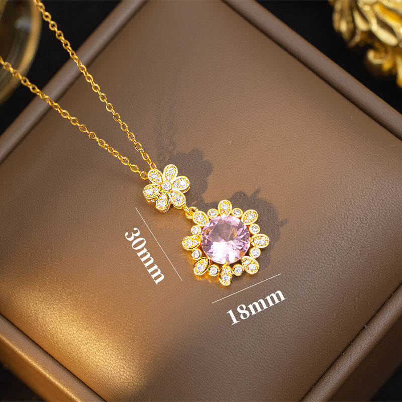 [titanium steel] necklace women's zircon flower pendant earrings ring light luxury classy niche design earrings jewelry