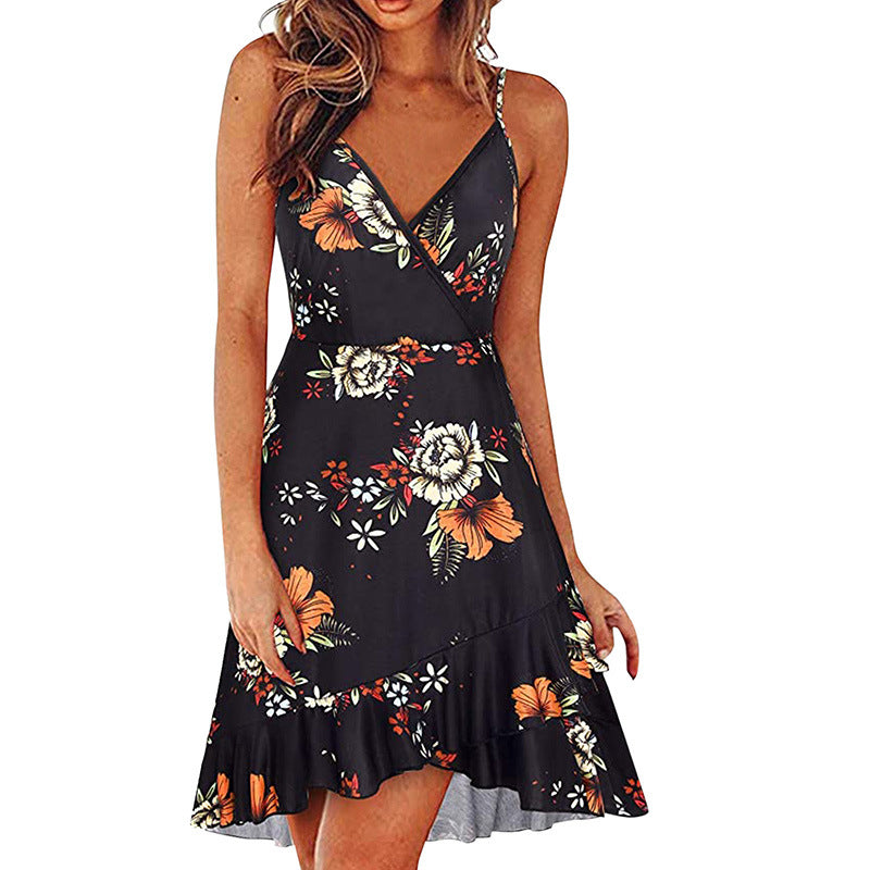 summer new european and american style sexy fashion v-neck cami dress sleeveless backless printed dress