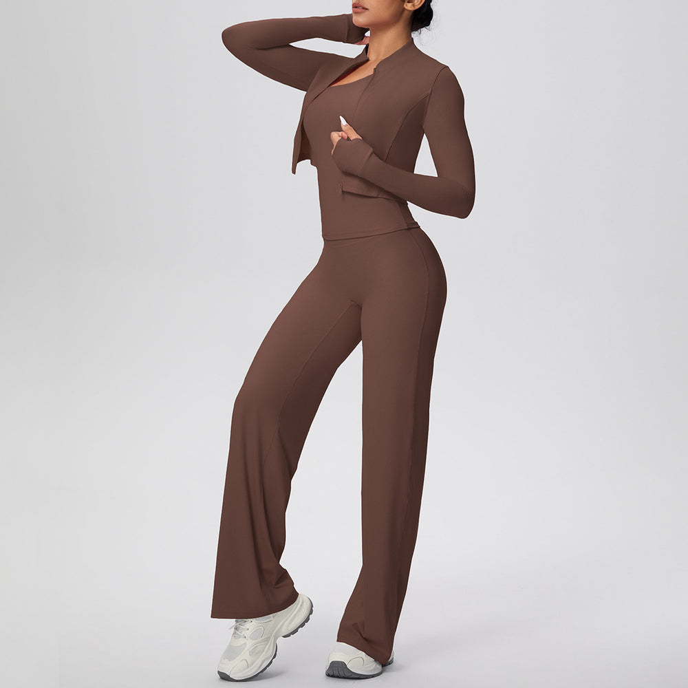 pure color brushed tight one-shoulder vest wide-leg long three-piece set sports running fitness yoga suit
