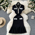 summer women's chic chanel-inspired v-neck knit dress: slimming, figure-hugging, short-sleeve, bodycon fishtail mini dress