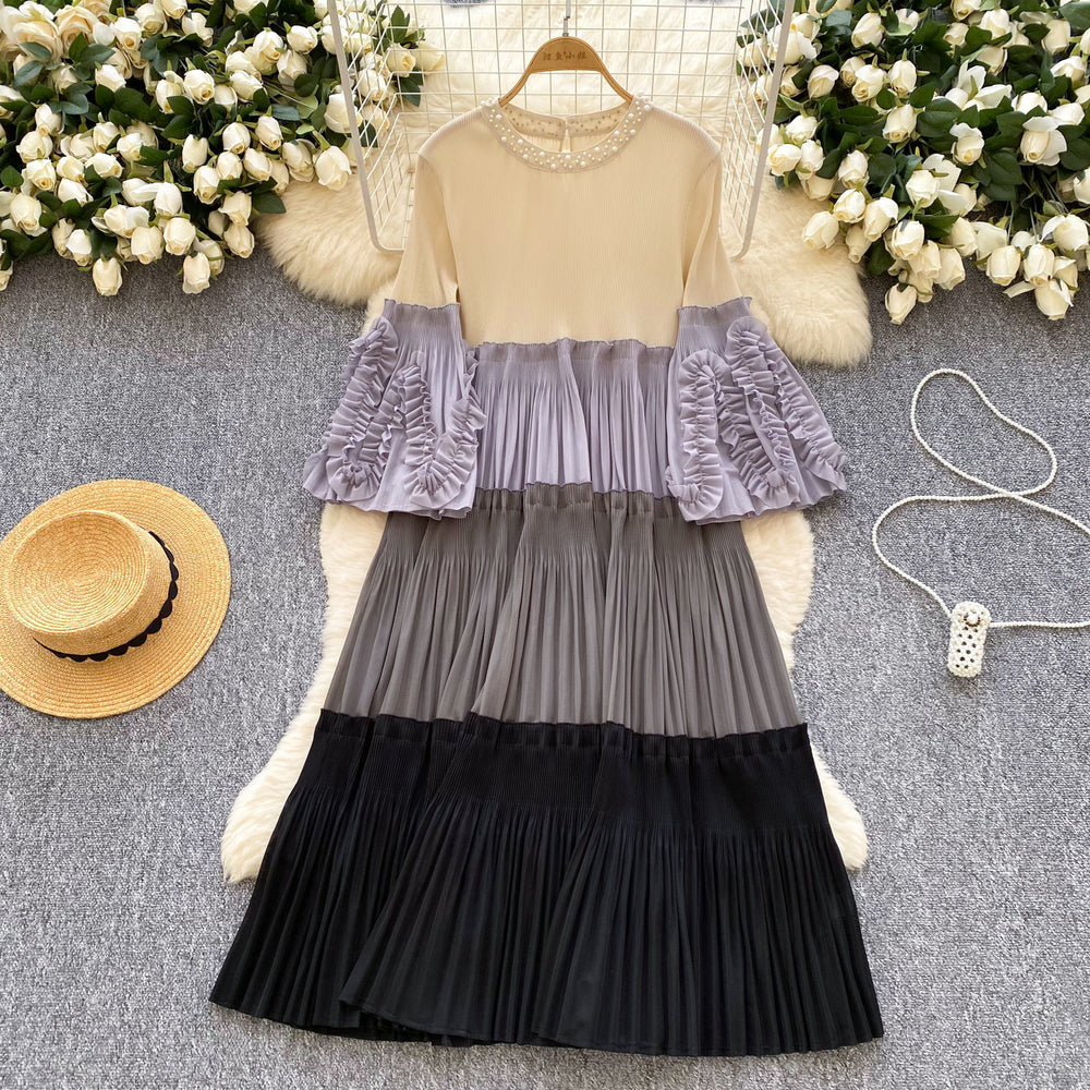 Miyake cross-border wholesale new arrival color matching round neck beading elegantplus size women's miyake pleated dress