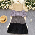 Miyake cross-border wholesale new arrival color matching round neck beading elegantplus size women's miyake pleated dress