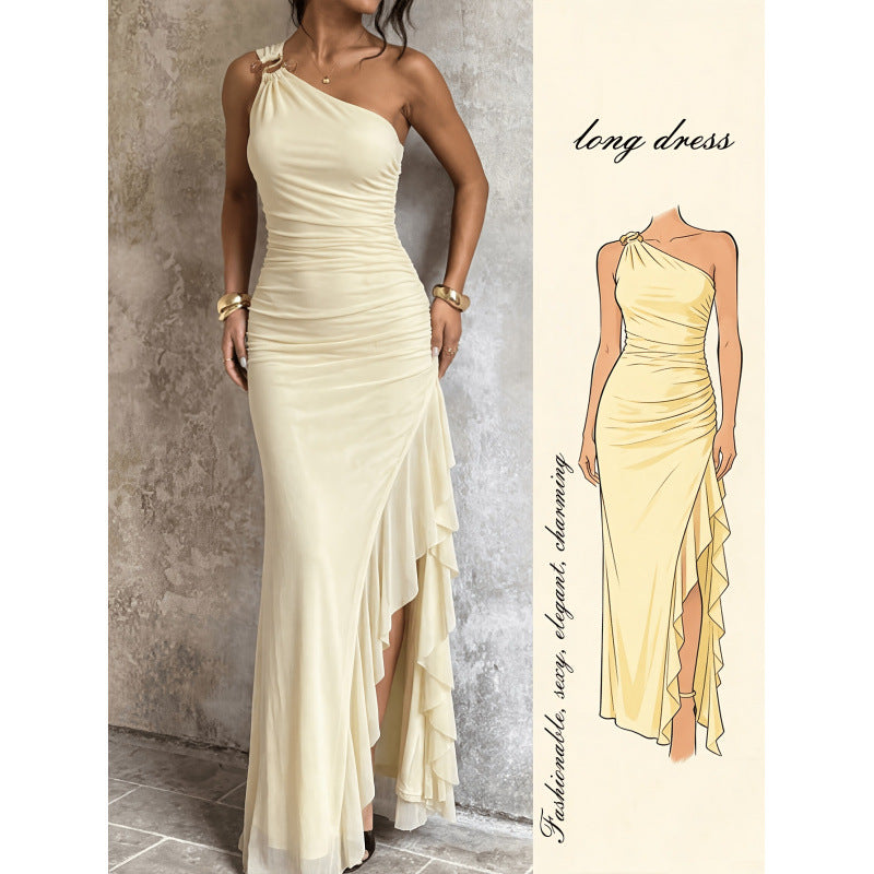 Women's summer romantic elegant metallic buckle detail slit ruffle asymmetrical shoulder maxi dress