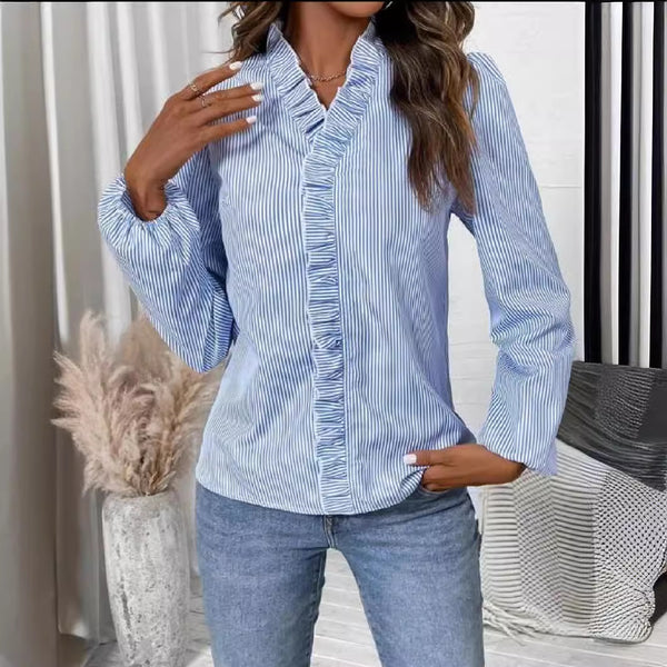 2024   shein   women's clothing, striped lace collar long-sleeved lantern sleeve shirt