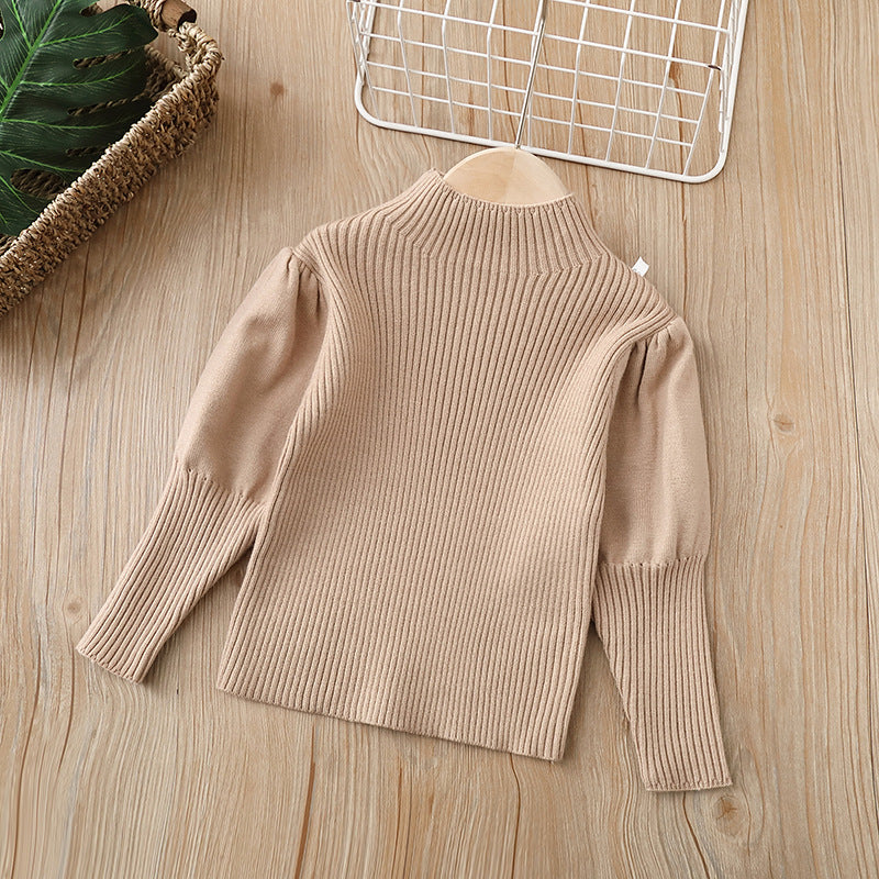 Women's kidssweaterwinterhigh collar puff sleeve bottom shirtpure colorsweatercasualeasiest for matchtops