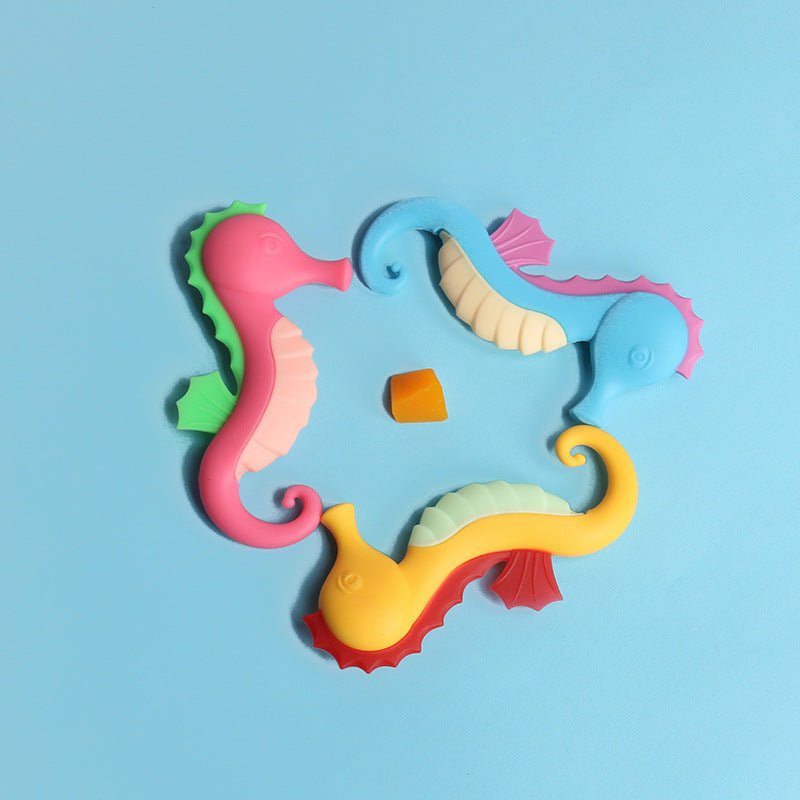 Baby hippocampus toothpaste food grade molar glue soft silicone two-color three-dimensional teething toy chewing glue molar